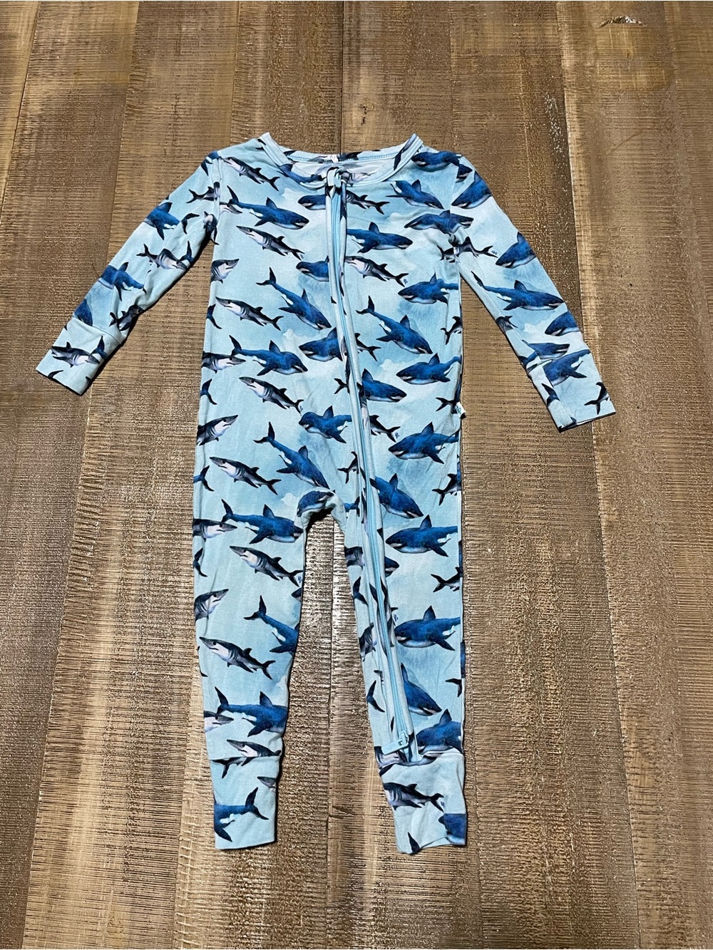 Blue Shark Print Kids One-Piece Zipper Romper